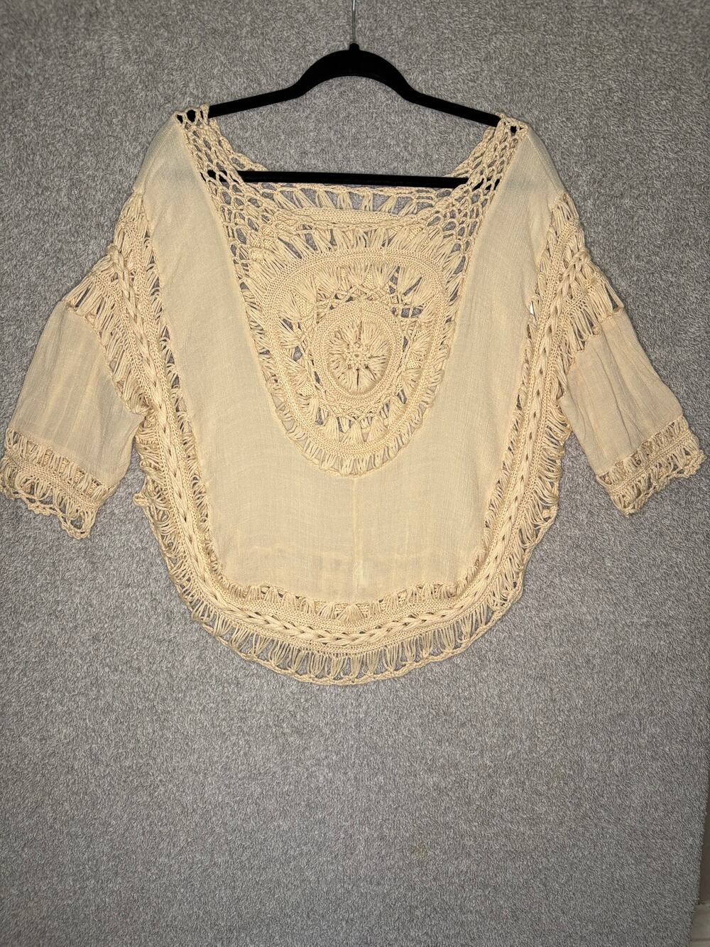 Rebellion Again Med Cream Crochet Boho Open Knit Top